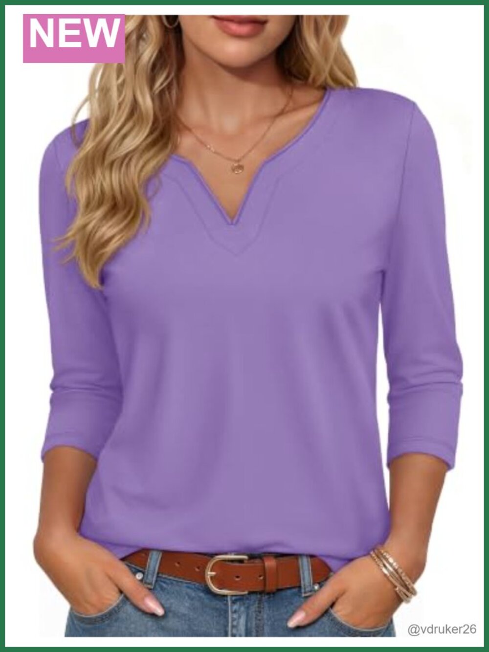 3/4 Sleeve V Neck Henley T-Shirt Spline Split Hem UPF 50+ Casual Work Top
